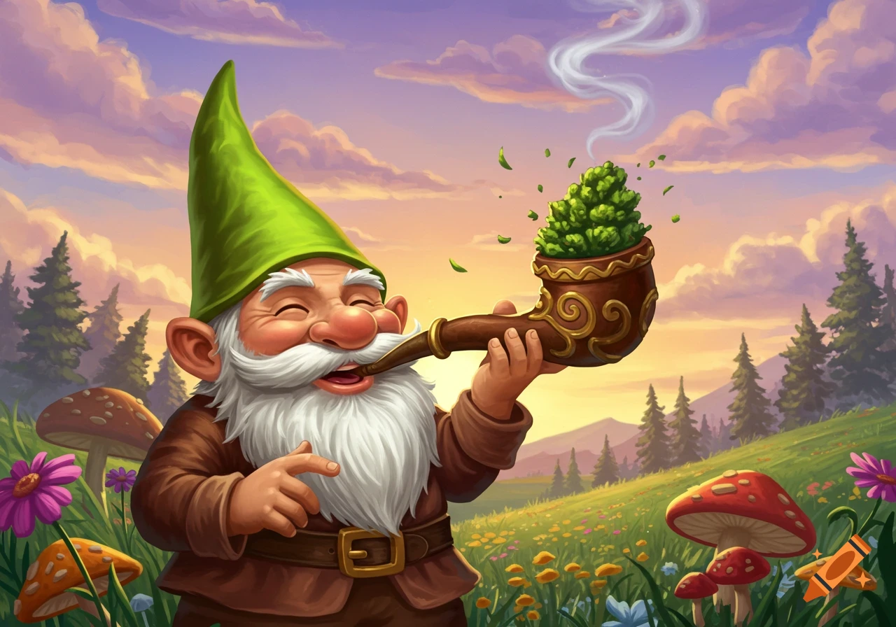 Smiling gnome smoking a pipe filled with weed in a fantasy forest clearing, illustration.