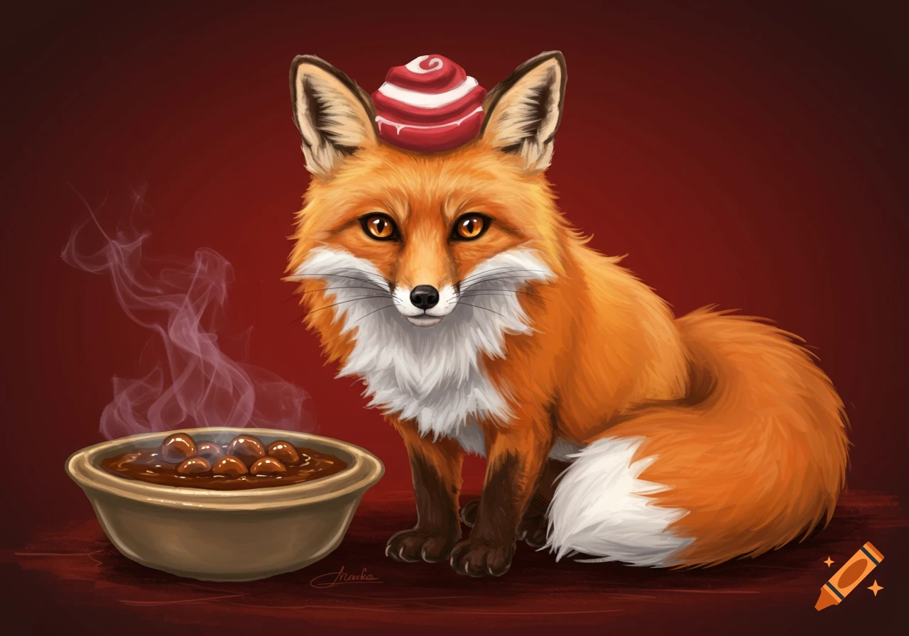 A digital painting of a fox wearing a striped hat, sitting next to a steaming bowl of food.