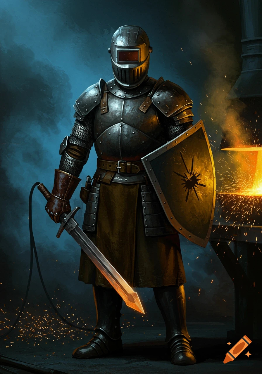 Knight in full armor wearing a welding helmet, holding a sword and shield, with welding sparks in the background.