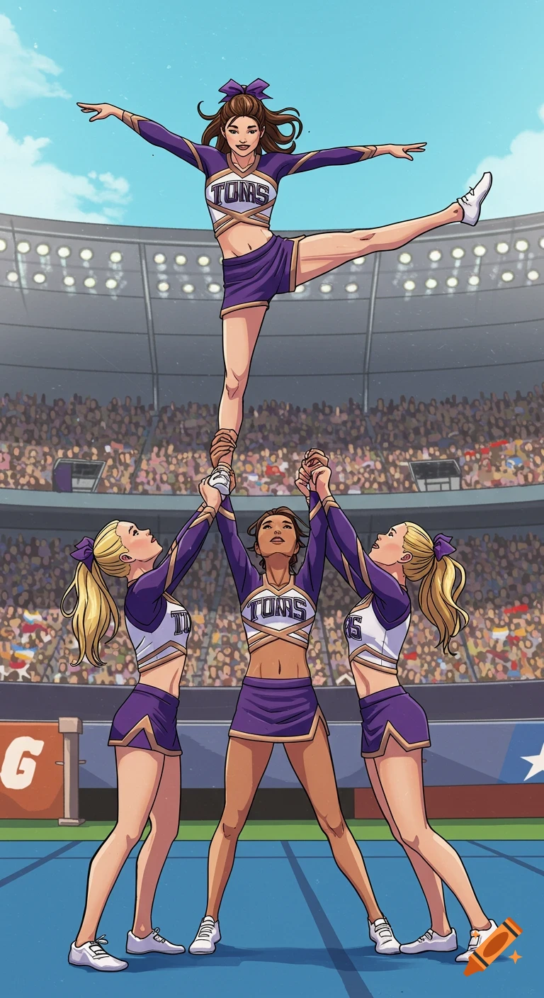 An illustration of four cheerleaders performing a stunt in a stadium.