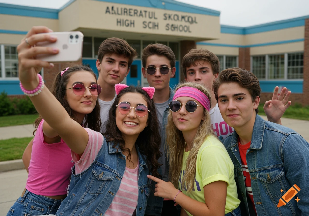 Six teenagers in 80s style clothing take a selfie outside a school.