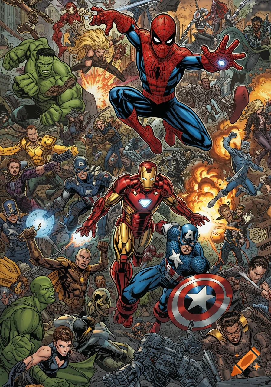 Collage of Marvel superheroes in action, comic book art style.