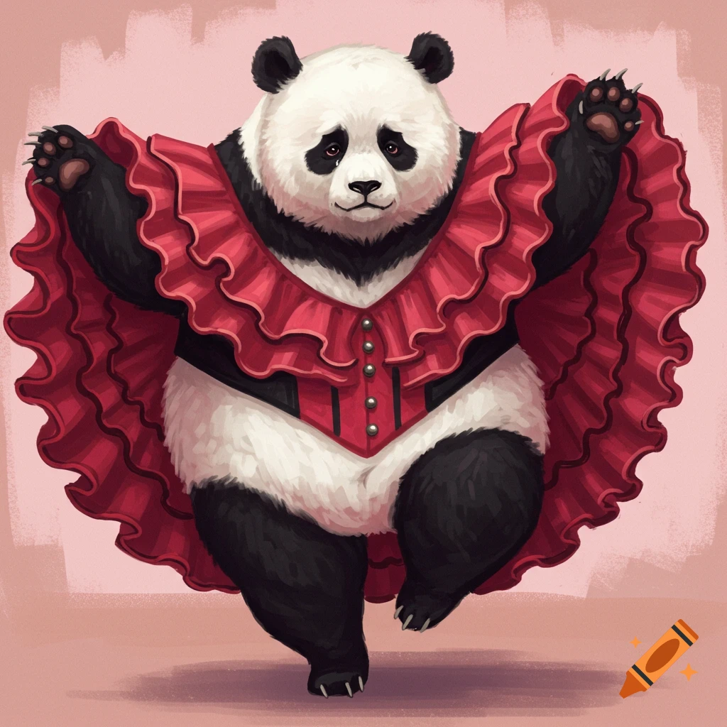 Illustration of a sad panda in a red ruffled cancan dress dancing