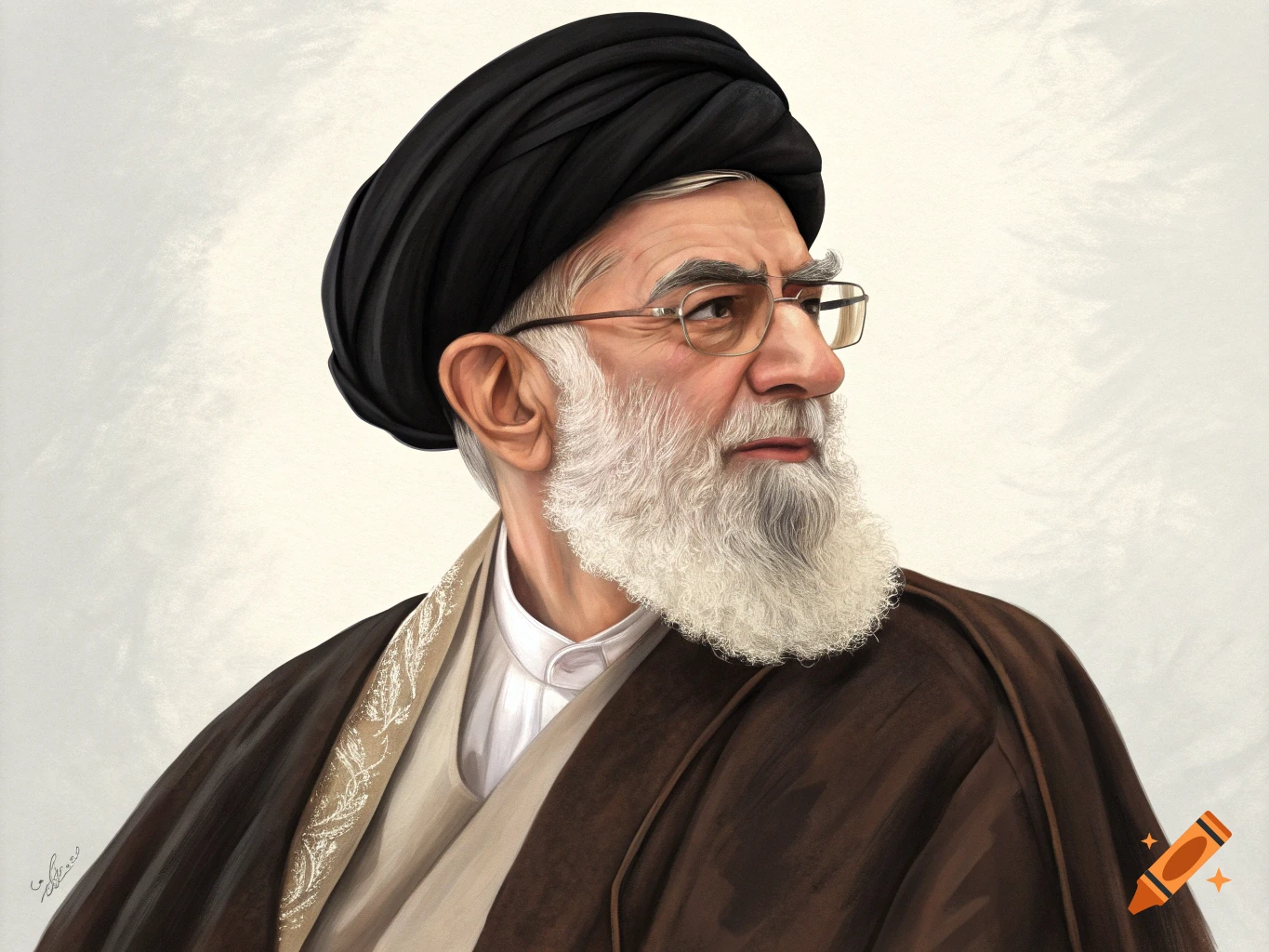Digital painting of a man with a white beard, glasses, and a black turban, wearing a brown robe and looking right.