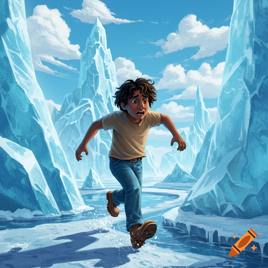 A boy with a scared expression runs through an icy landscape with large ice formations.