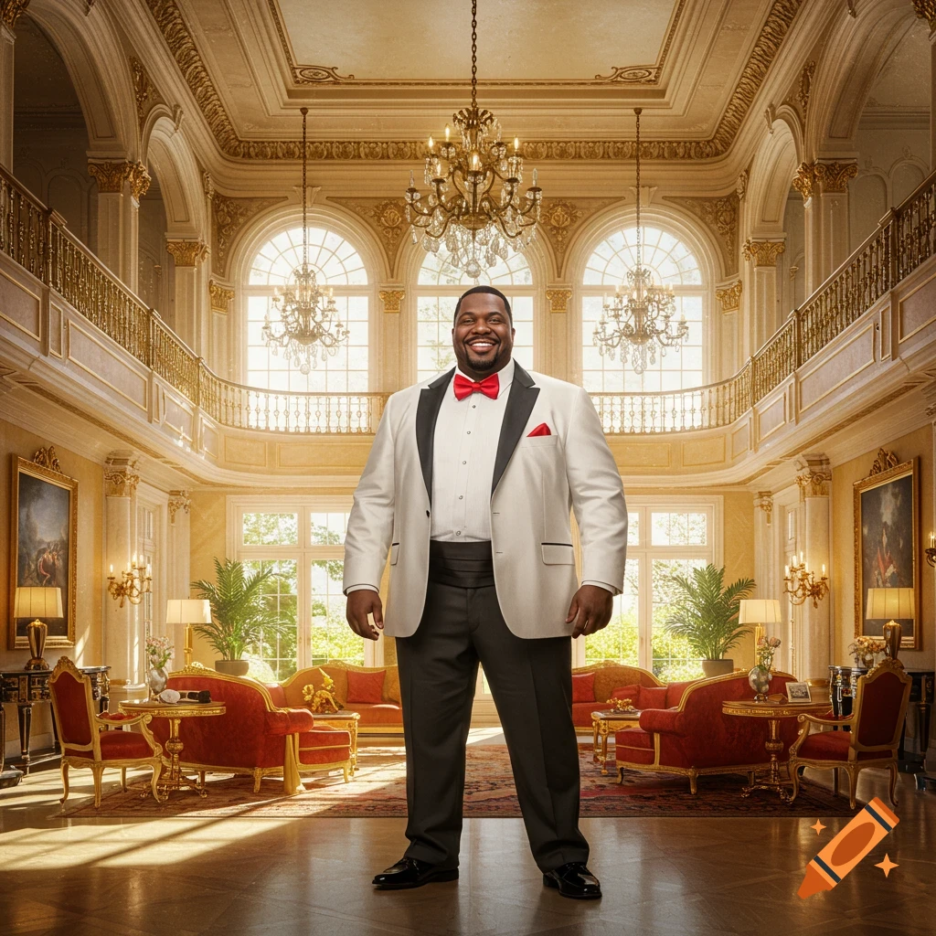 A man in a white tuxedo stands in a large, ornate mansion room.