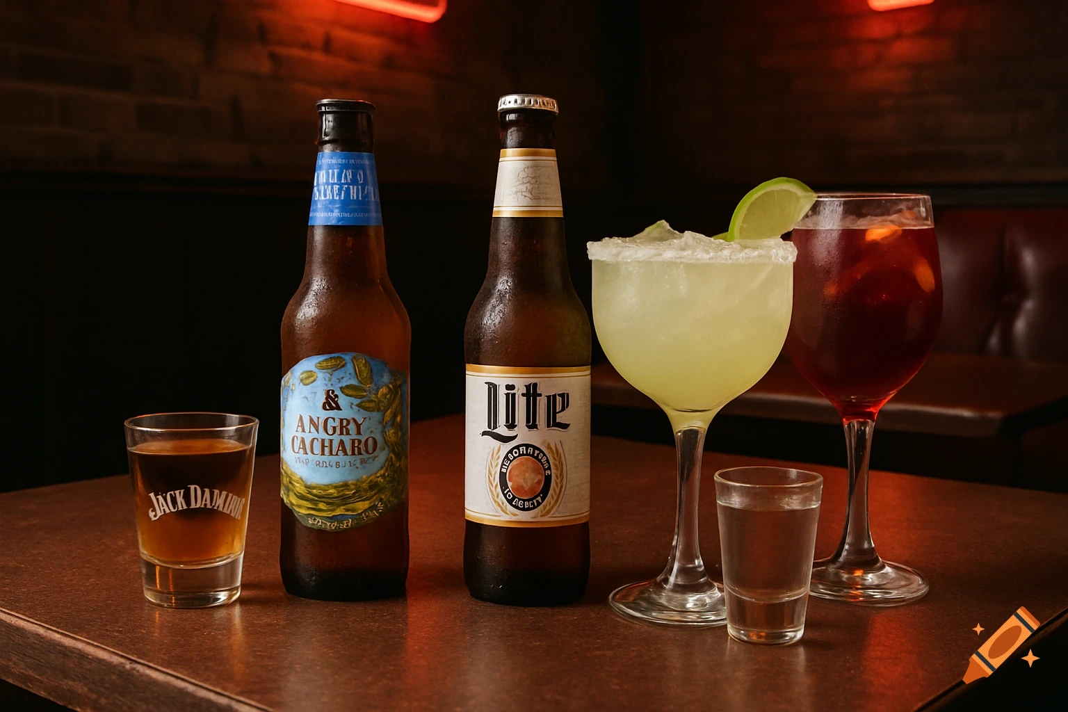 Various alcoholic drinks on a bar table, including beer bottles, a margarita, sangria, and shot glasses.