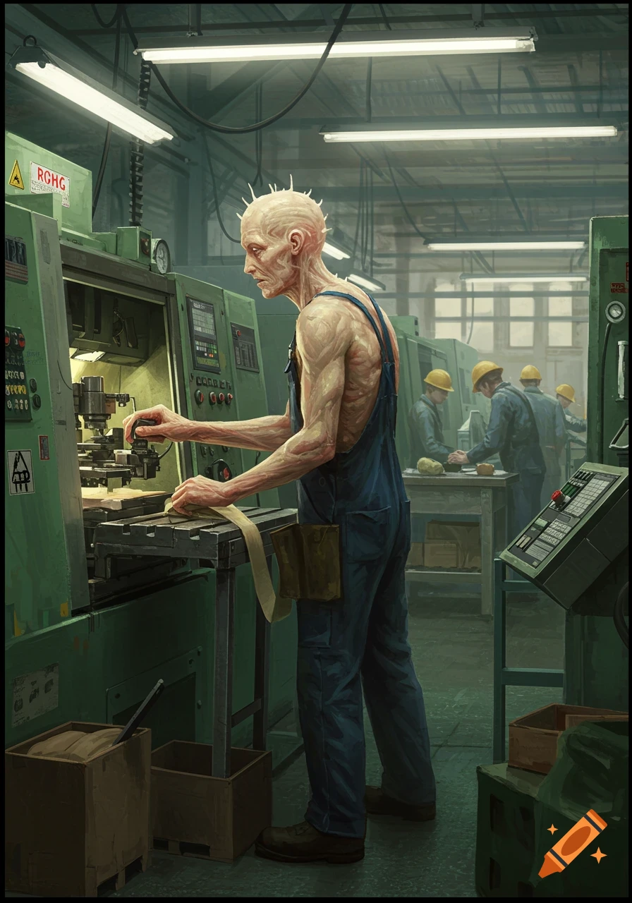 A grotesque man with spiky hair works at a machine in a dark factory setting.