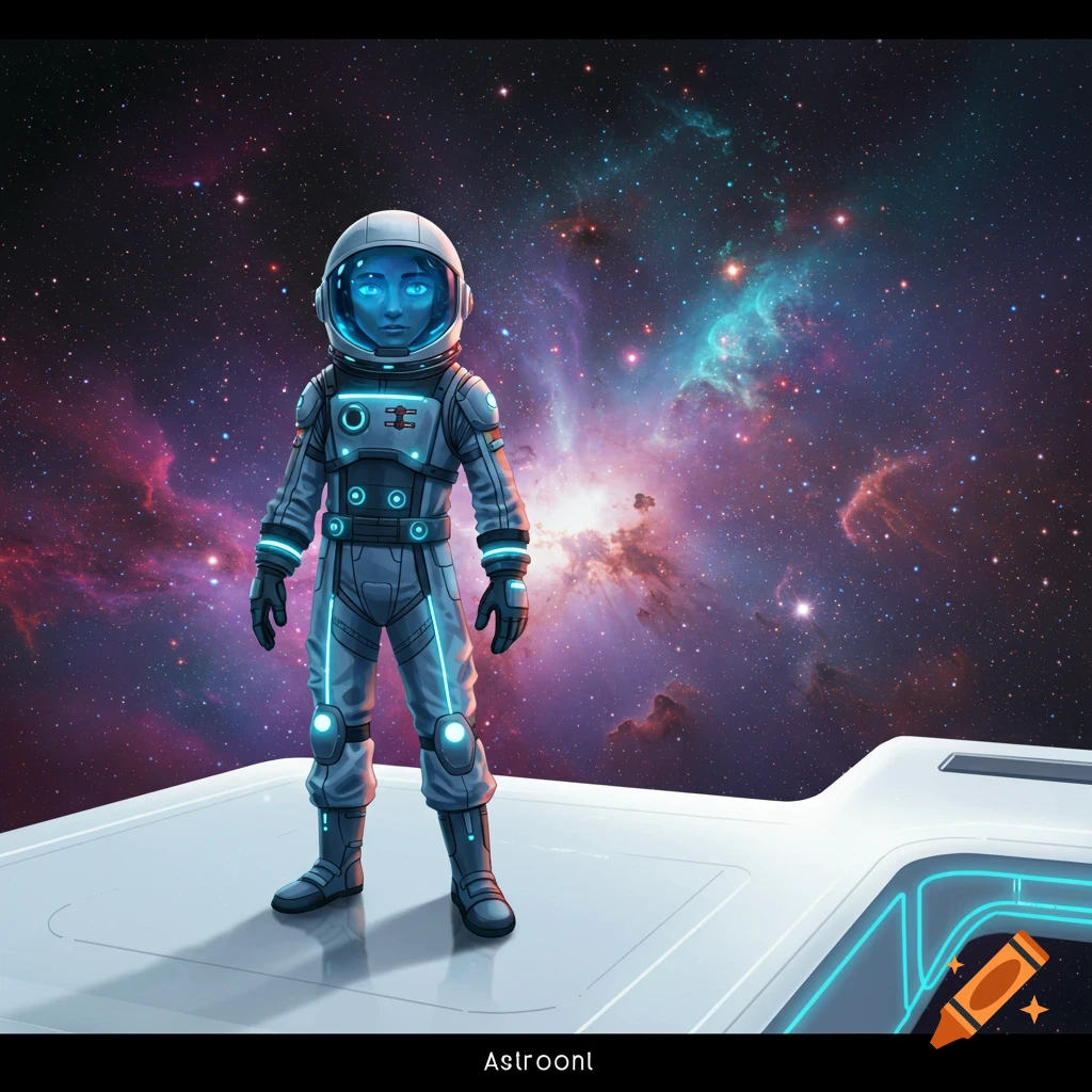 Cartoon astronaut stands on a platform in space.
