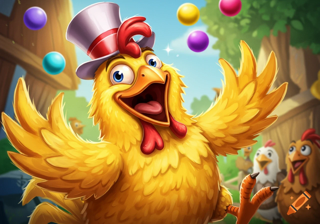 A cheerful cartoon chicken wearing a white top hat plays with colorful floating balls.