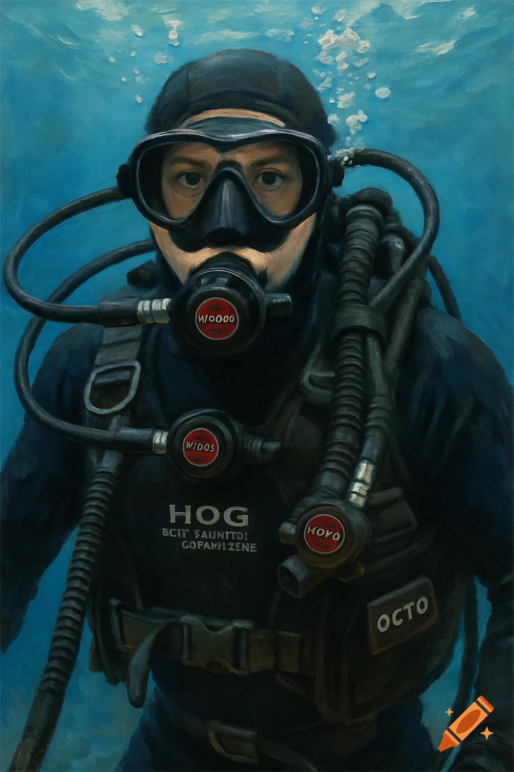 A portrait painting of a scuba diver underwater.