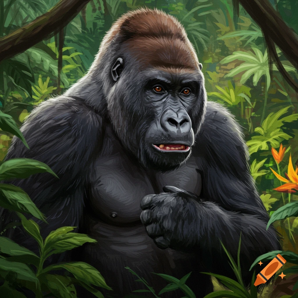 Digital painting of an upset gorilla in a lush jungle