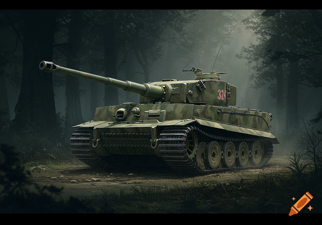 A World War II era Tiger 1 tank sits on a dirt path in a misty forest.