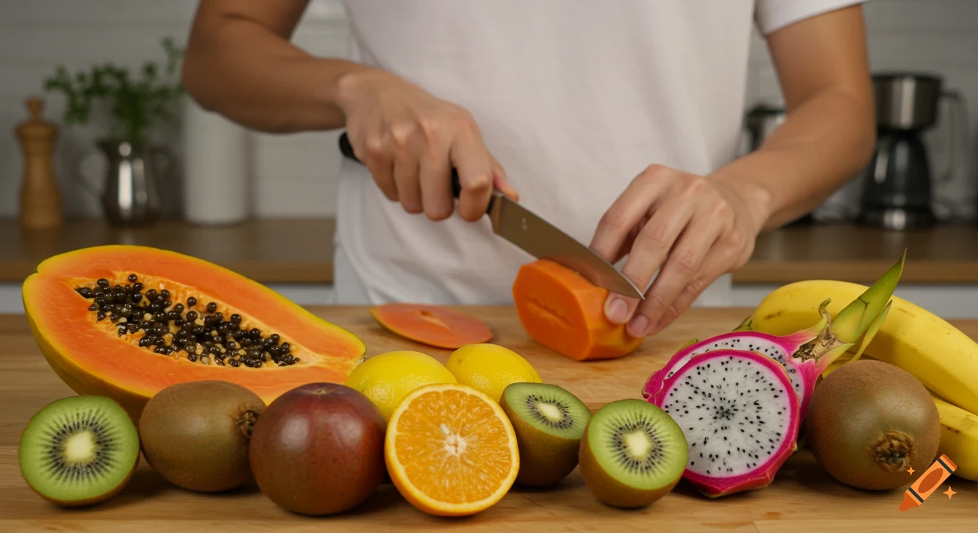 Person cutting papaya on a table with various tropical fruits like kiwi, orange, dragon fruit, and bananas