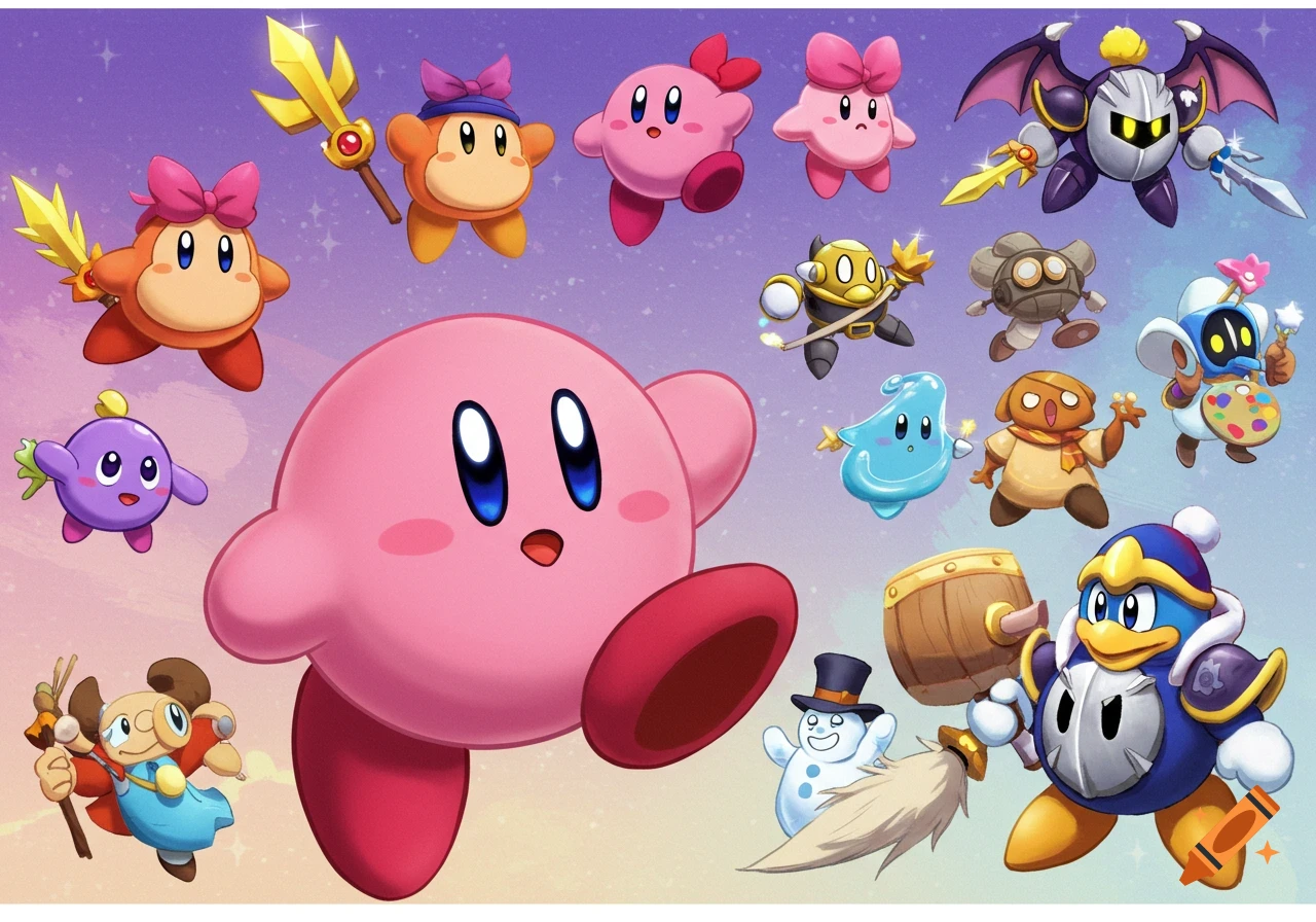 Kirby and various characters from the series float in a pastel sky.