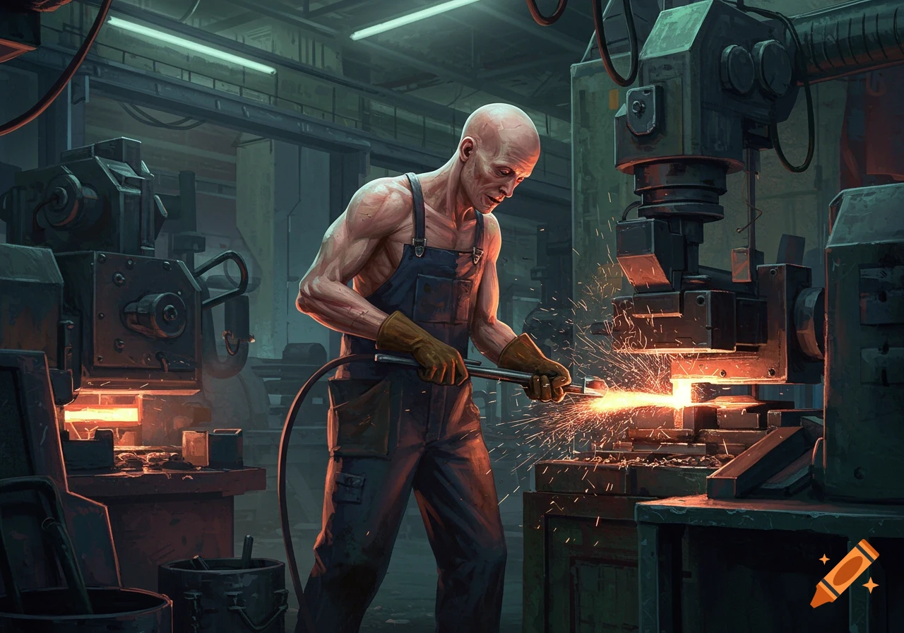 A bald man wearing overalls and gloves works on heavy machinery in a dark factory, producing sparks.