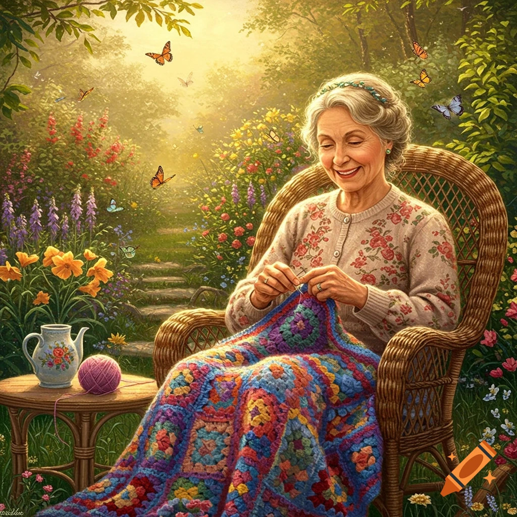 Older woman crocheting a colorful blanket in a sunny, vibrant garden, Kinkade style.