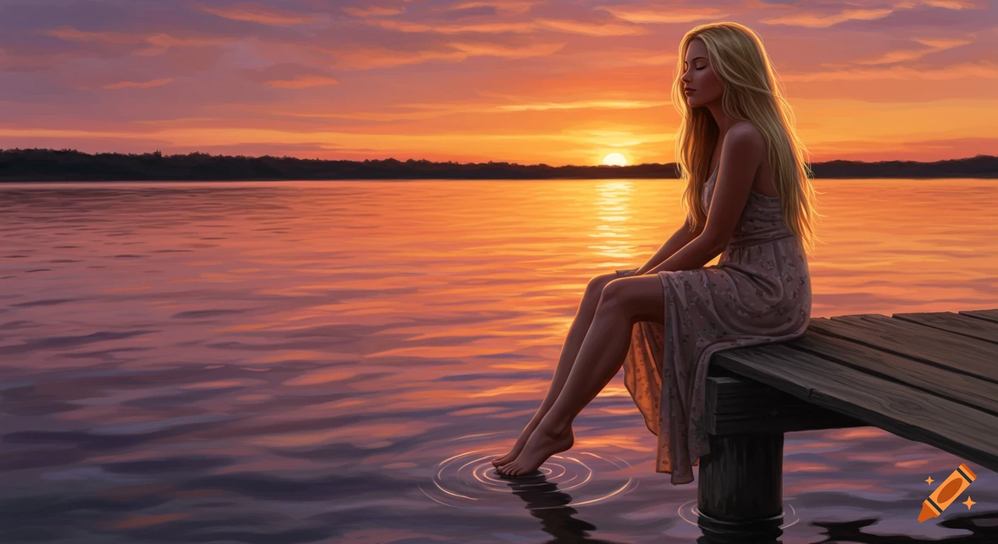 A woman sits on a dock at sunset, dipping her feet in a lake.