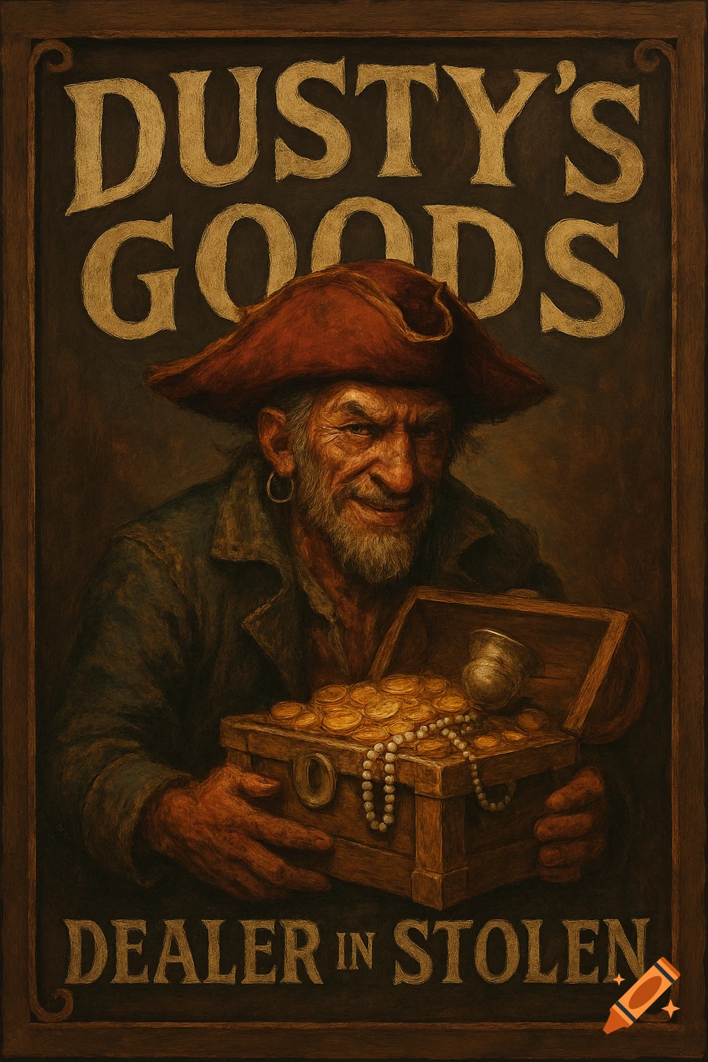 Painting of a smiling pirate in a red hat holding a treasure chest with text "Dusty's Goods" and "Dealer in Stolen".