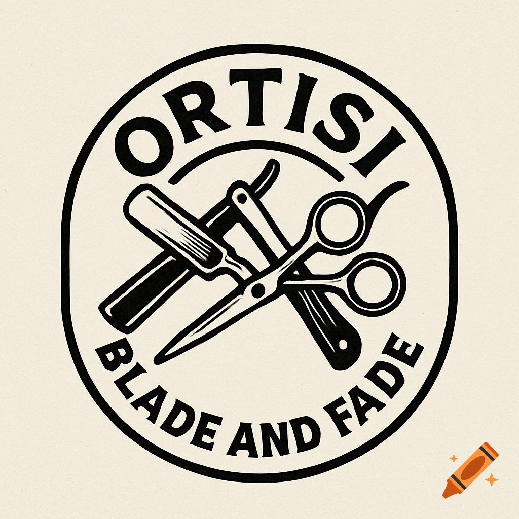 Black and white logo for Ortisi Blade and Fade barbershop with razor and scissors in a circle.