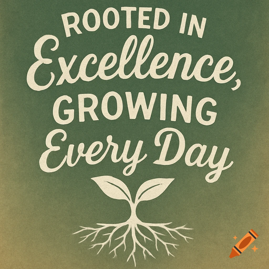 Green graphic with white text 'Rooted in Excellence, Growing Every Day' and a plant with roots.