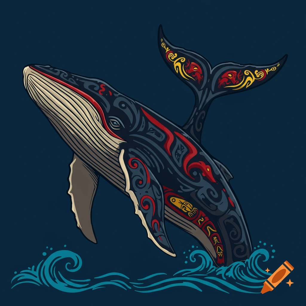 Tribal style illustration of a whale jumping out of water