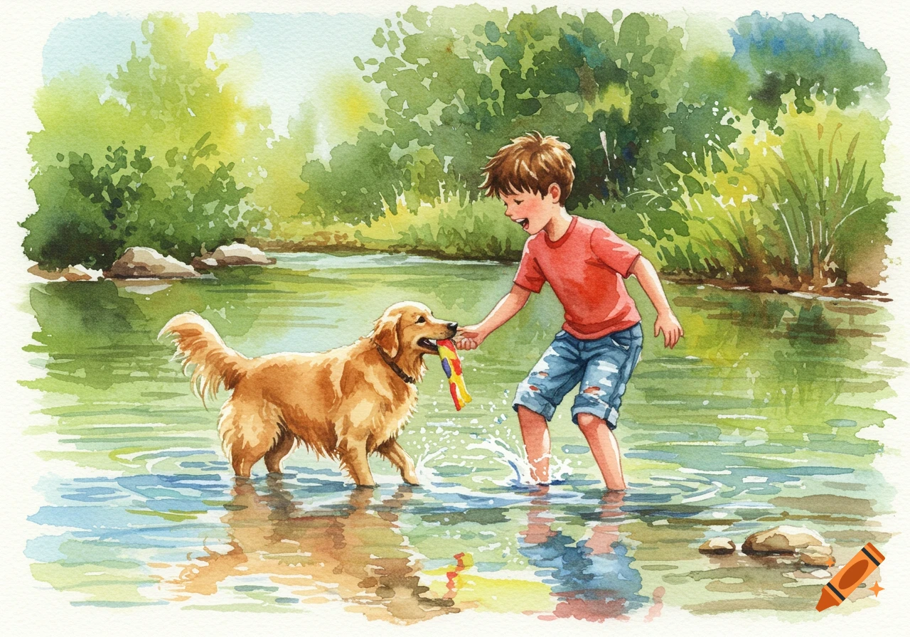 Watercolor painting of a boy playing with a Golden Retriever in a river.