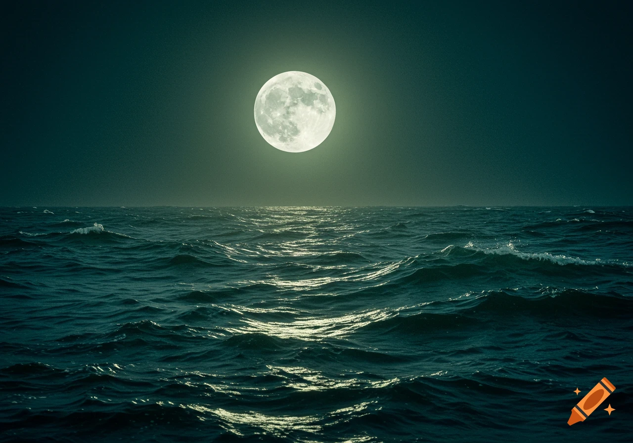 Vintage style photo of a full moon over a stormy, dark ocean at night.