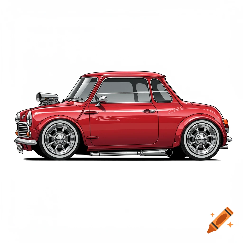 Side view illustration of a red classic Mini Cooper hot rod with a large intake scoop and wide tires.