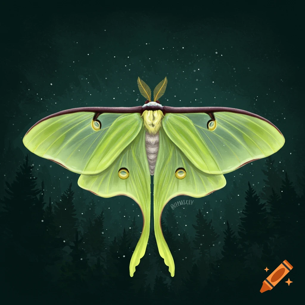 Digital illustration of a green luna moth against a dark forest and starry sky