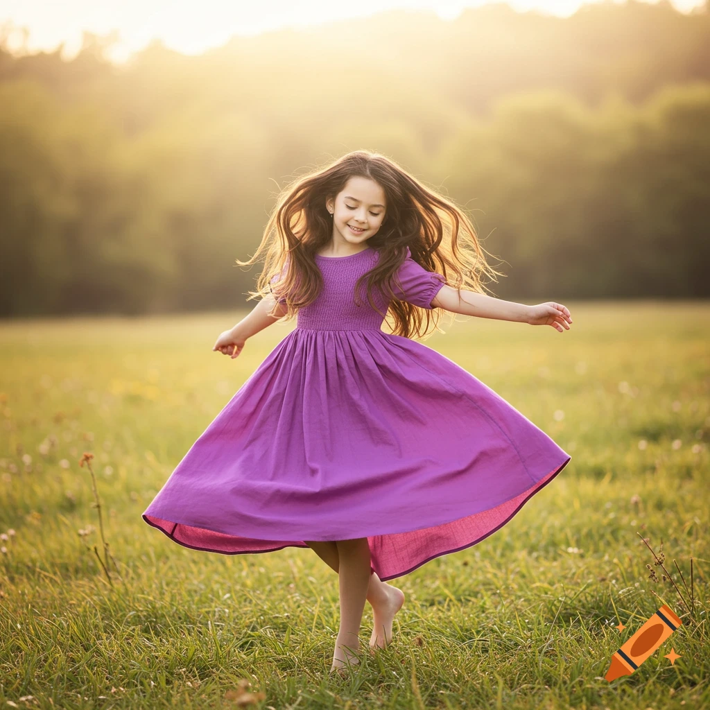 A young girl in a purple dress spins barefoot in a sunny grassy field.