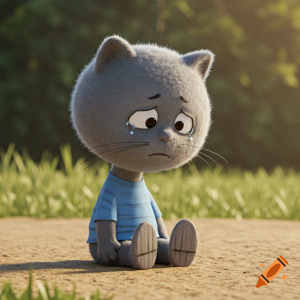 A sad cartoon gray cat with tears in its eyes sits on the ground.