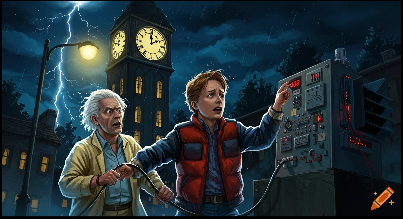 Doc Brown and Marty McFly react near a clock tower and time machine console during a lightning storm at night.