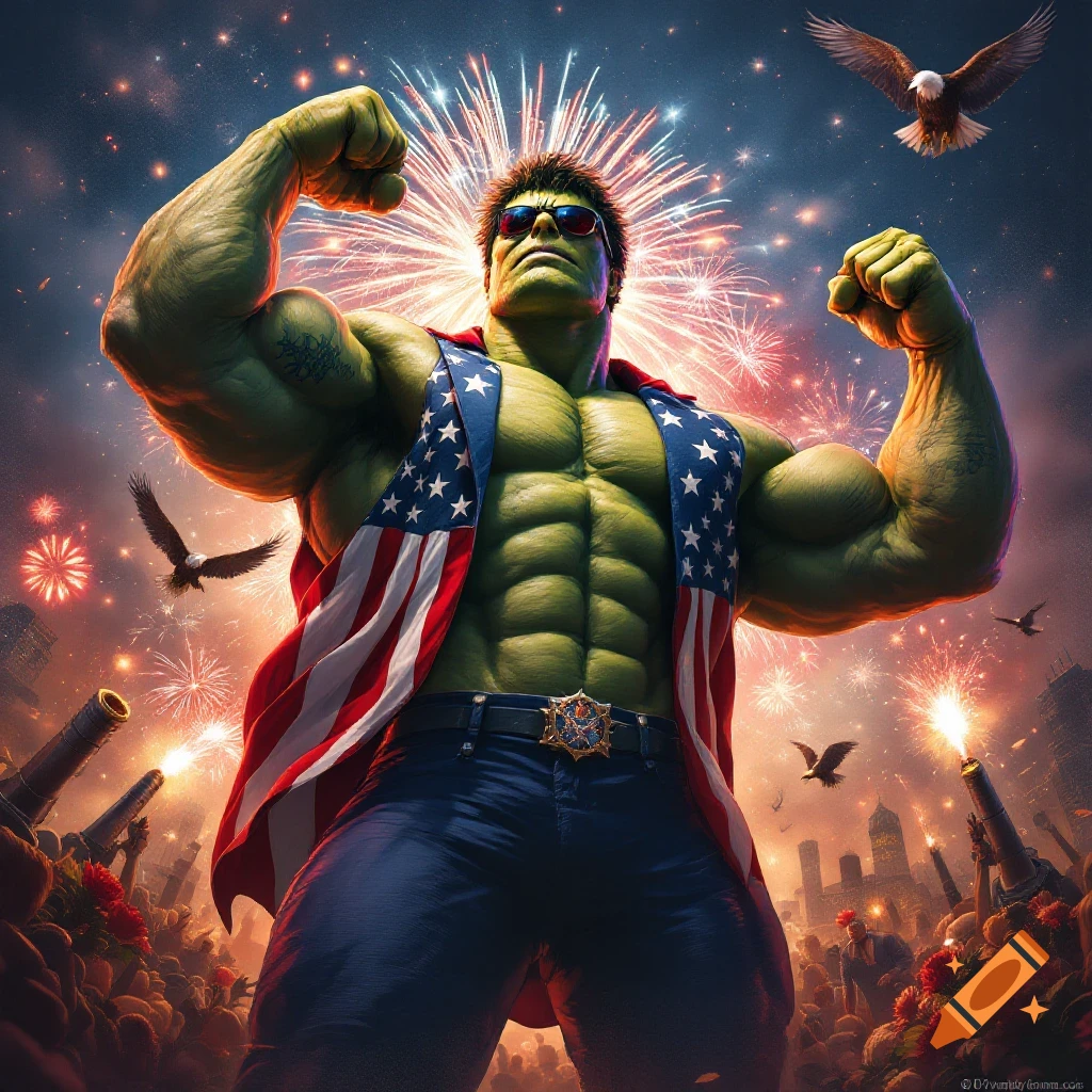 Muscular green figure wearing an American flag vest flexes during a 4th of July fireworks display with eagles flying.