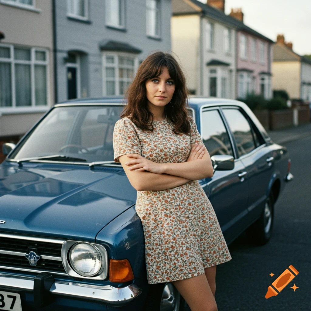 A woman with brown hair and green eyes leans against a blue vintage car on a street, arms crossed, holding a cigarette.