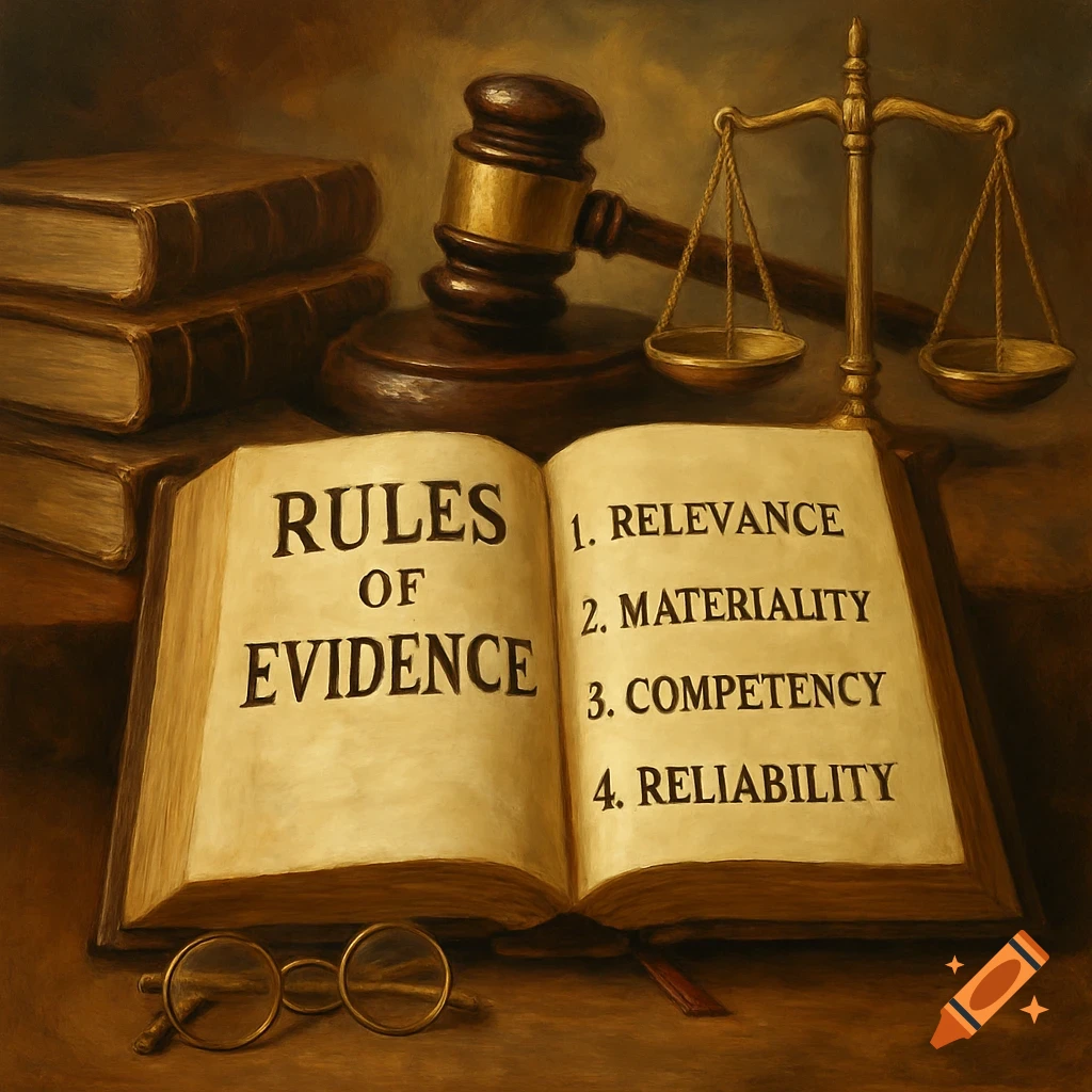 An open law book displaying 'RULES OF EVIDENCE' and legal principles, with a gavel and scales of justice, in a painterly style.