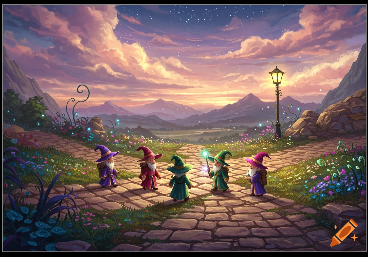 Five mini wizards stand on a cobblestone path in a vibrant fantasy landscape at sunset.