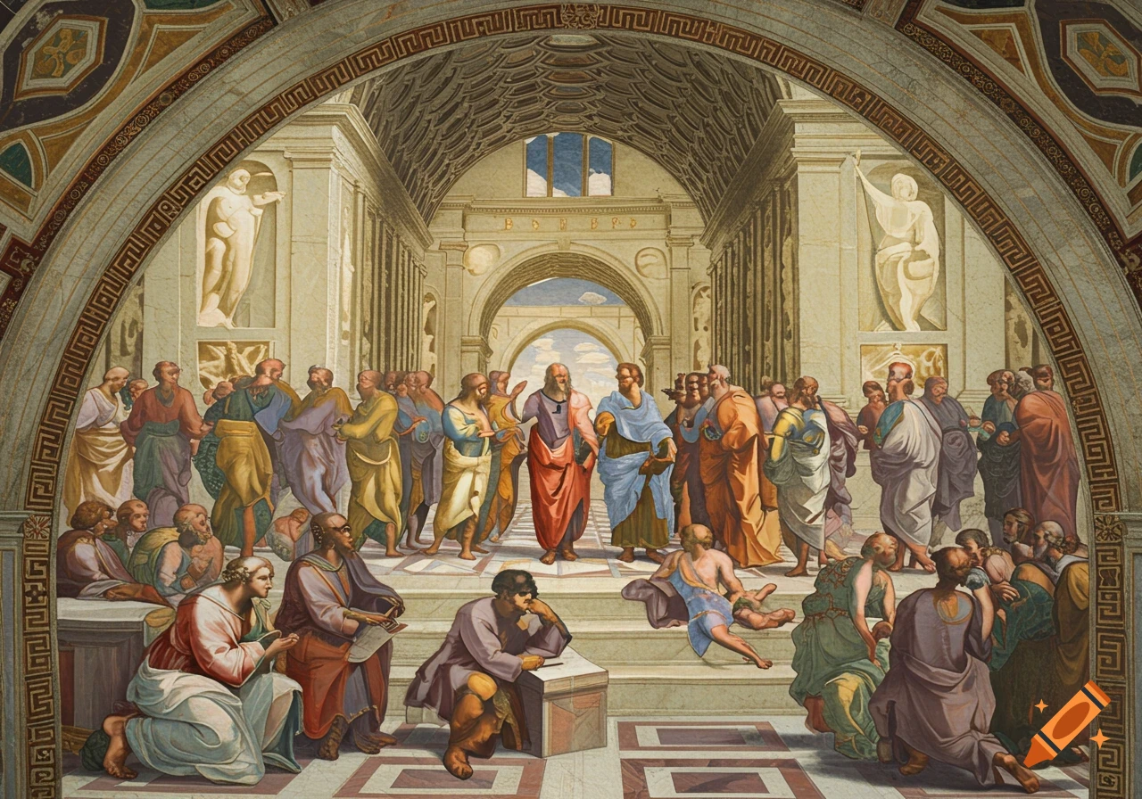 A large fresco depicting a gathering of classical philosophers in an ancient building.