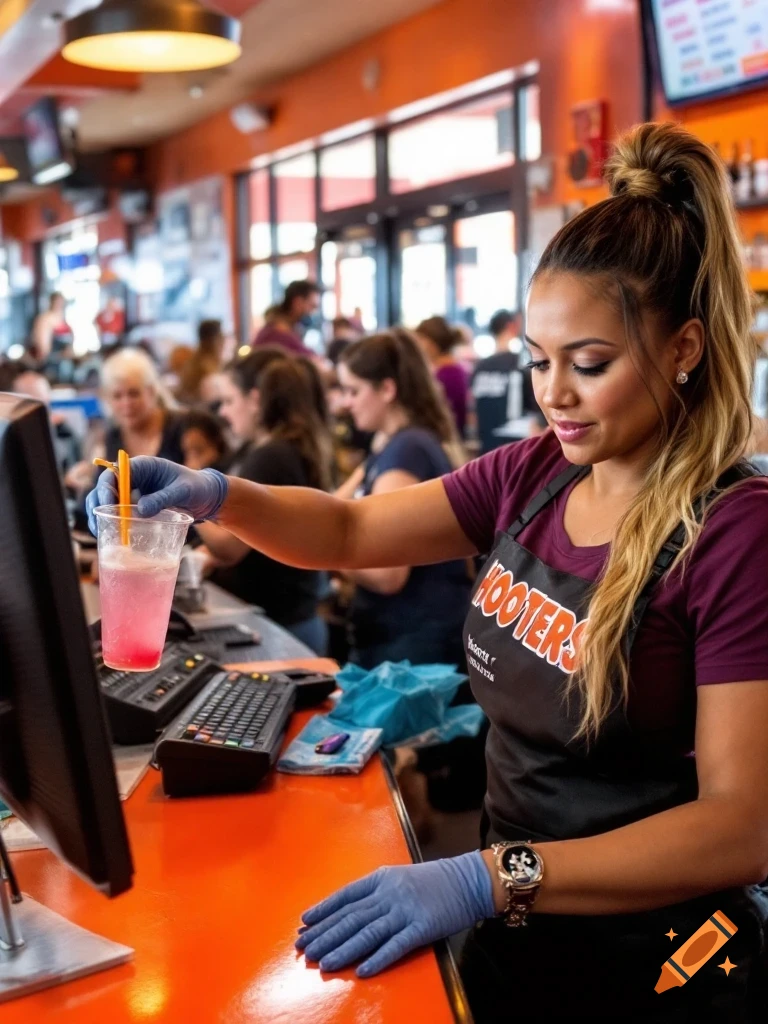 Photorealistic image of a woman in a Hooters uniform and gloves preparing a drink behind a counter.