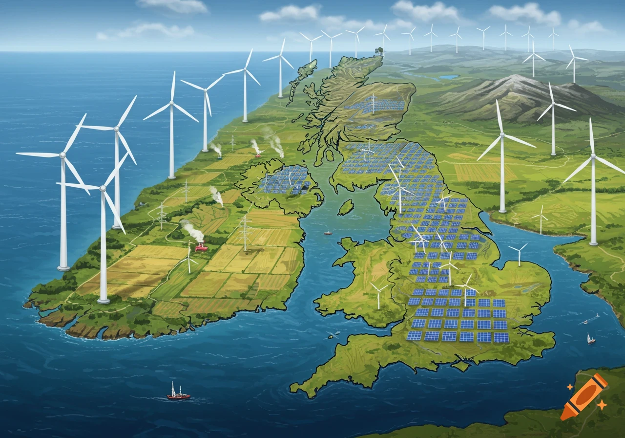 Illustrated map of the UK covered in wind turbines and solar panels