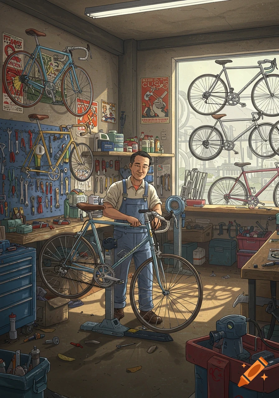 Illustrative image of a mechanic working on a bicycle in a workshop