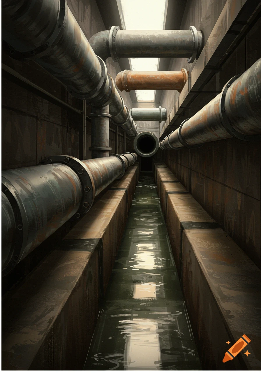 View down a dark sewer passage with large pipes and murky water