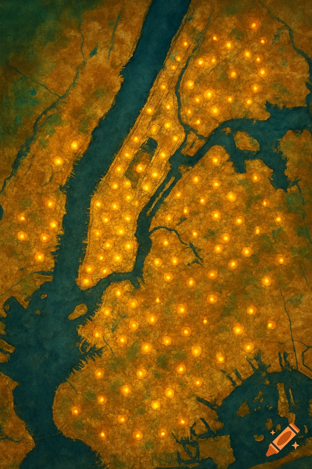 Stylized map of New York City with glowing orange dots