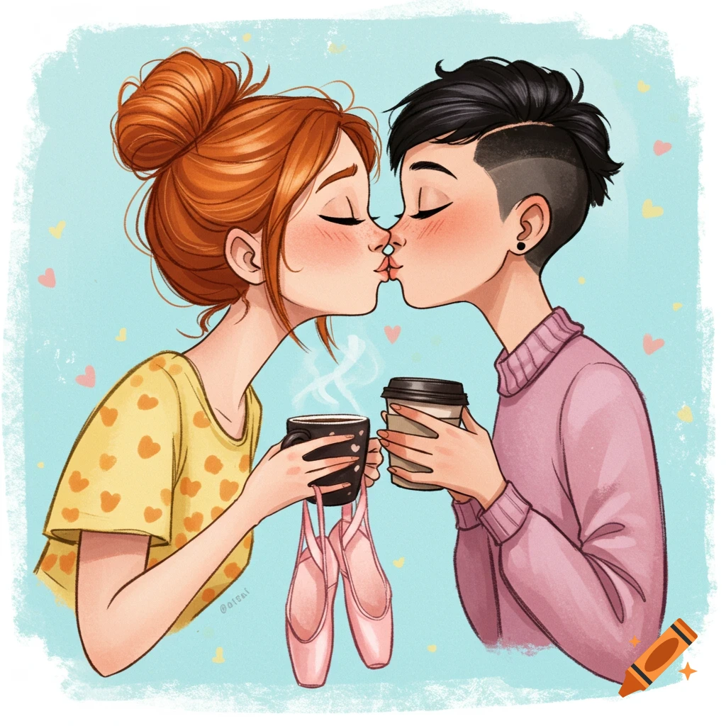 Stylized illustration of two women kissing while holding coffee cups and ballet shoes.
