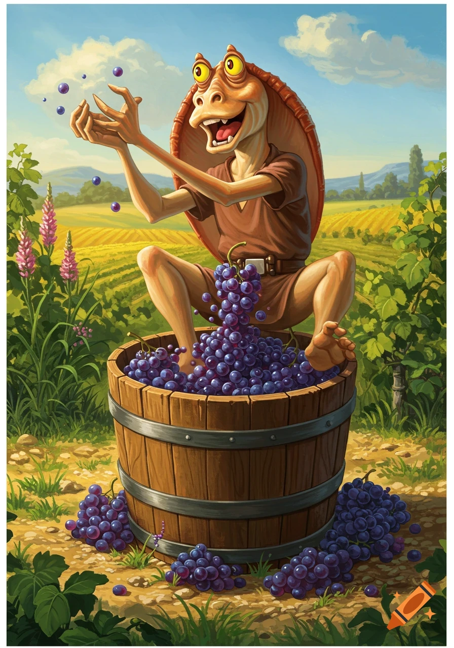 Cartoon of Jar Jar Binks crushing grapes in a barrel in a vineyard.