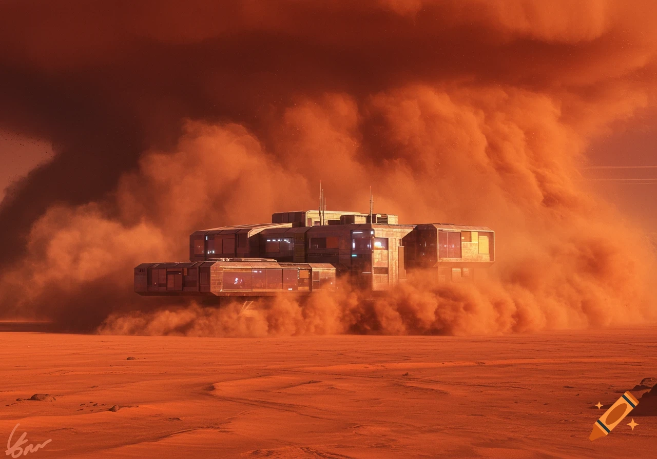A futuristic building stands on the red surface of Mars as a large dust storm approaches.