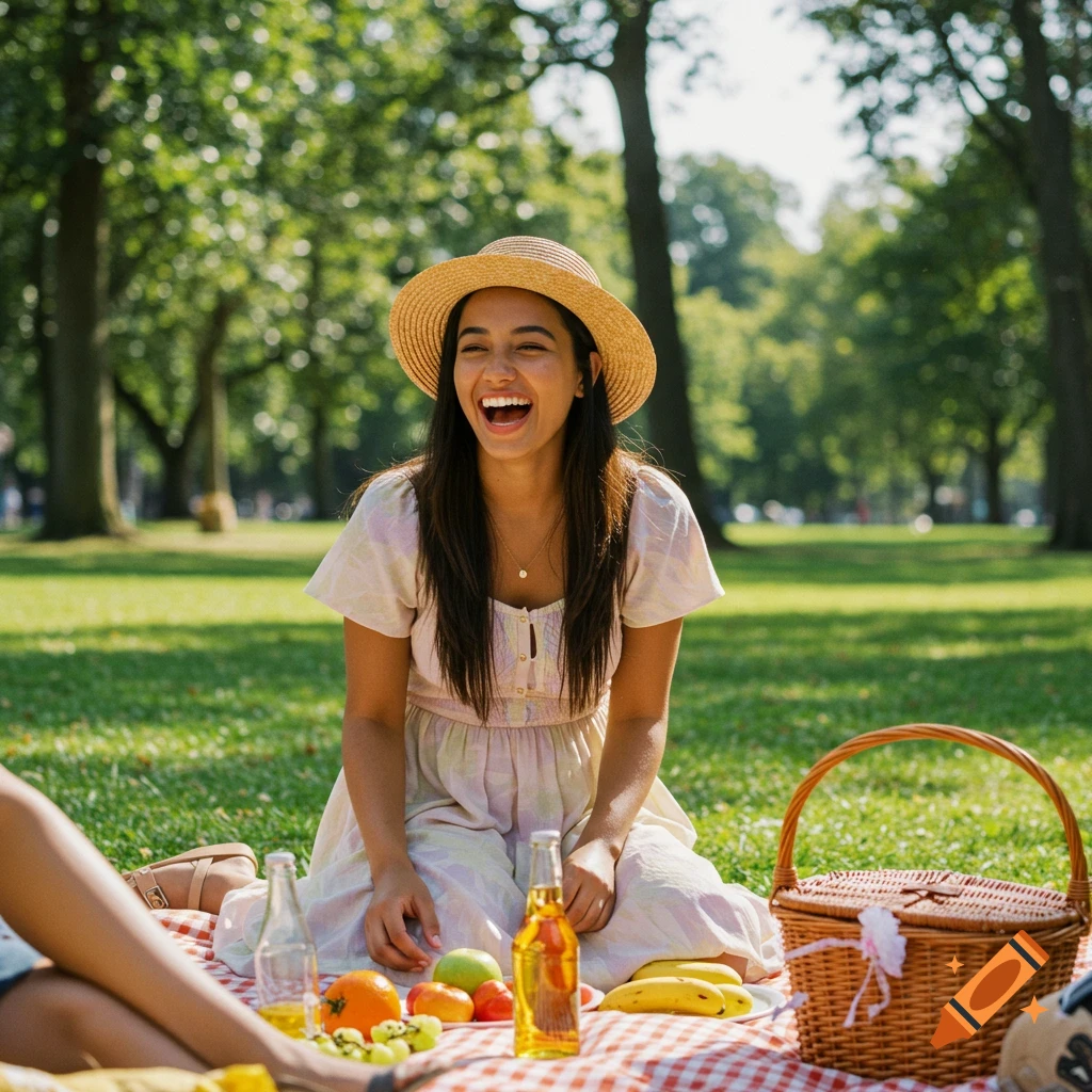 Woman laughing at a picnic in a sunny park with food and drinks.