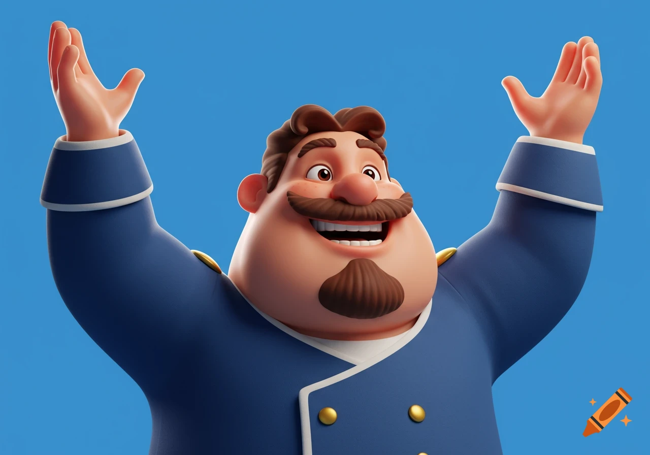 3D animated character cheering with arms raised