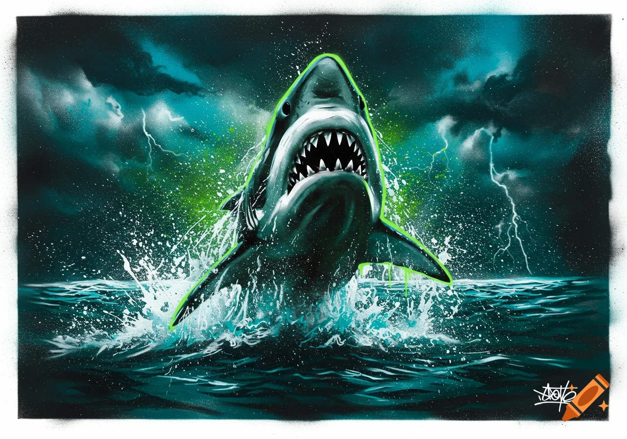 Spray paint art of a shark leaping from stormy ocean waves under a lightning-filled sky.