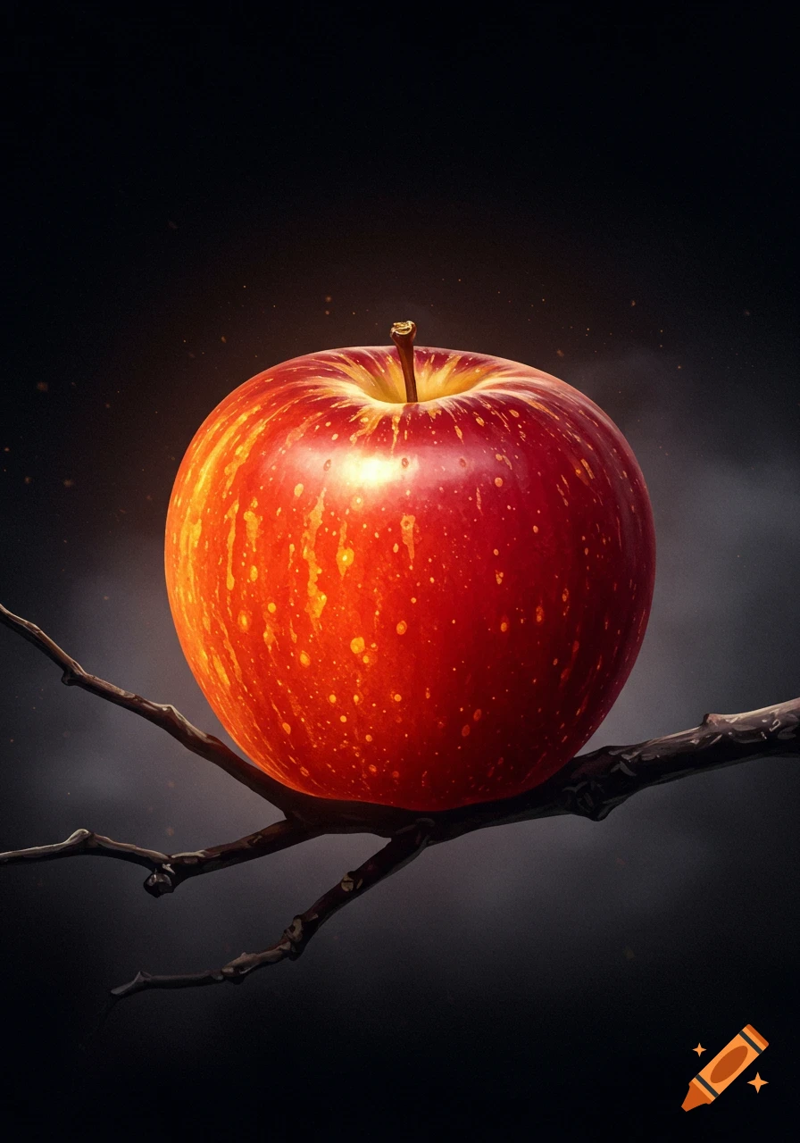 A vibrant red apple sits on a dark branch with dramatic lighting.
